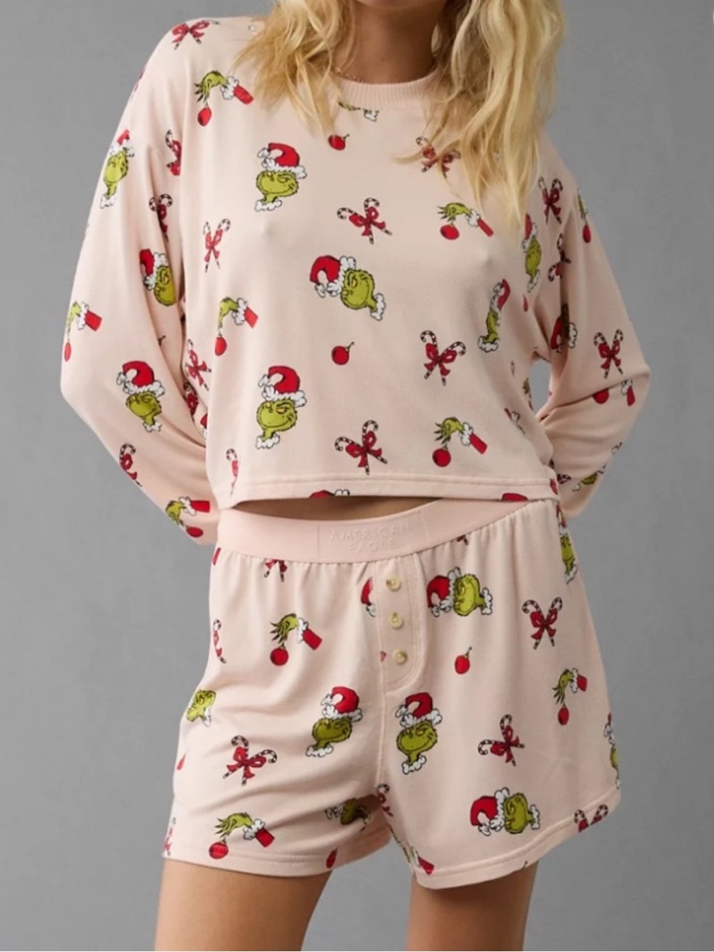 Grinchy American Eagle Pajamas Candy Cane Plush PJ Set Super Soft Like New XS - Picture 2 of 5